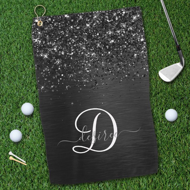 Serviette De Golf Monogramme d'étincelle à Parties scintillant noire (Créateur téléchargé)