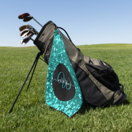 Serviette De Golf monogramme élégant aqua nom de parties scintillant