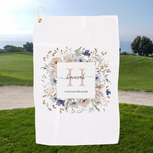 Serviette De Golf Monogramme Élégant Jolies Fleurs Beige Bleu Floral