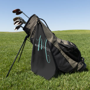 Serviette De Golf Monogramme élégant moderne noir sarcelle écriture