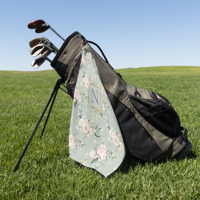 Serviette De Golf Monogramme Élégant Rose Floral Sage Golf Serviette (Vert)