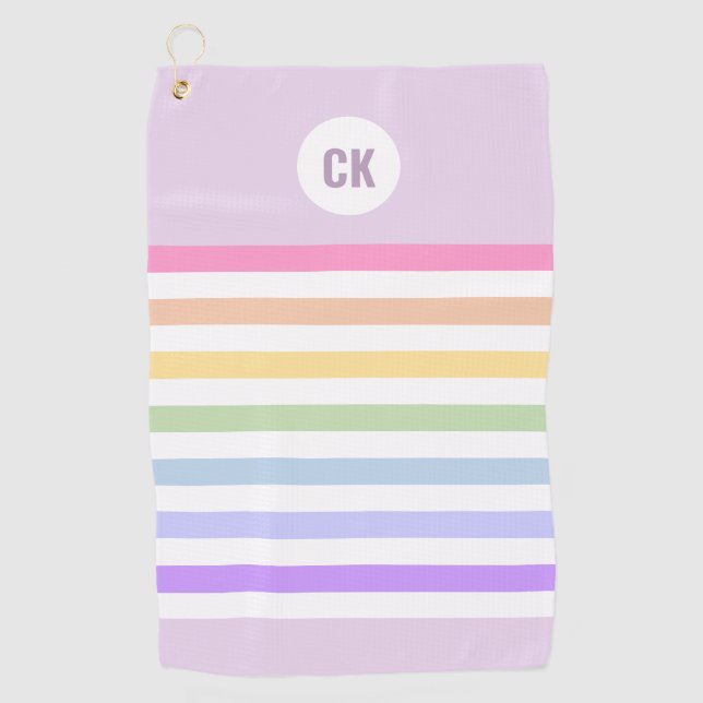 Serviette De Golf Monogramme en Blanc Cirque Pastel Arc-en-ciel rayu (Devant)