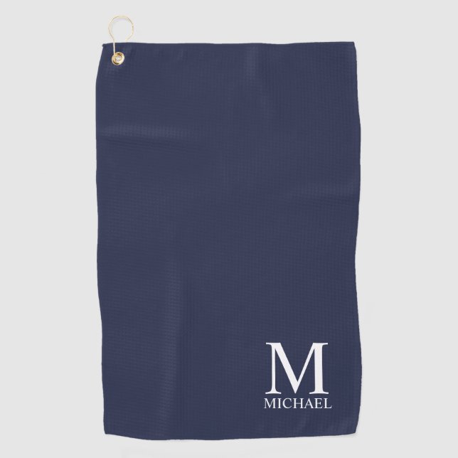 Serviette De Golf Monogramme et nom classique personnalisé bleu mari (Devant)