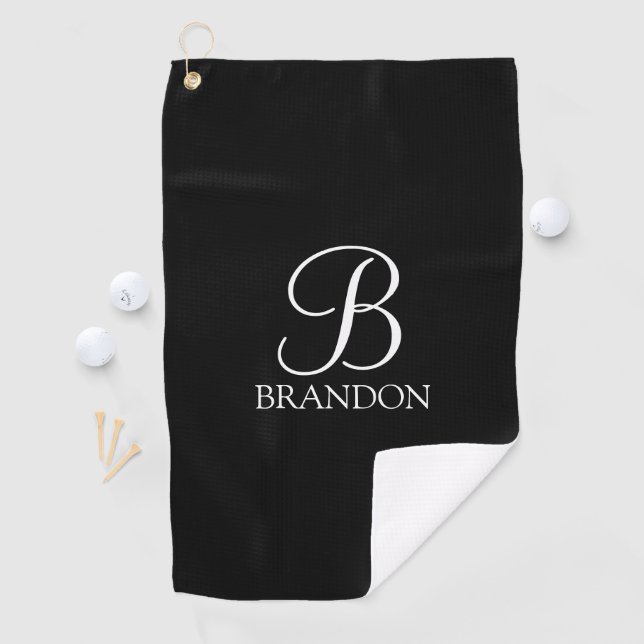 Serviette De Golf Monogramme et nom de script personnalisé noir (En situation)