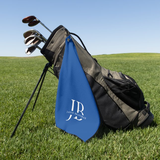 Serviette De Golf Monogramme et nom élégant bleu classique (Vert)