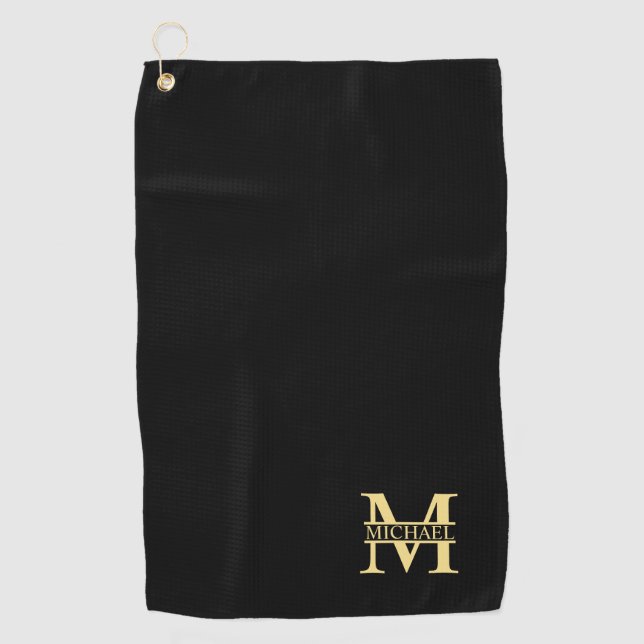Serviette De Golf Monogramme et nom personnalisé noir et or (Devant)