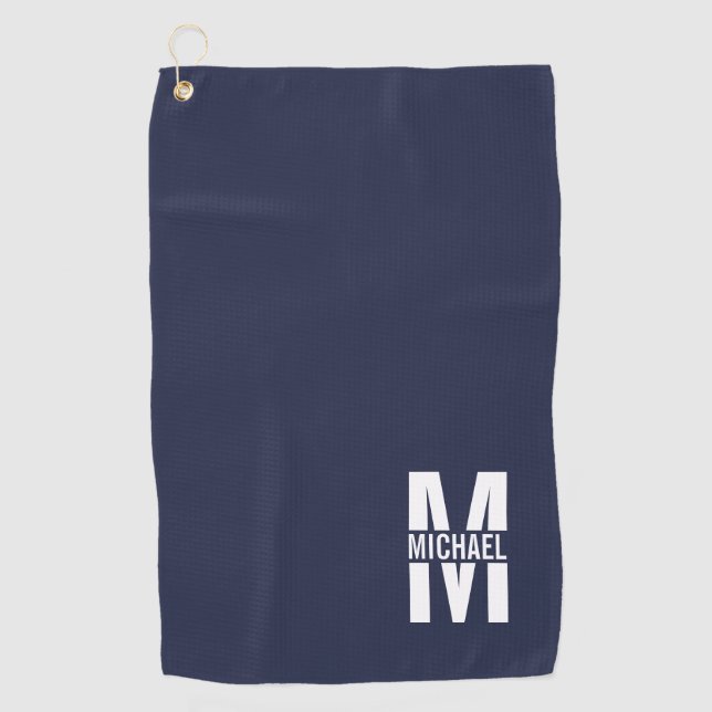 Serviette De Golf Monogramme et nom personnalisés bleu marine (Devant)