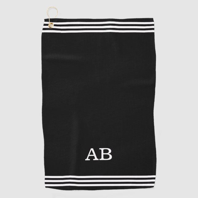 Serviette De Golf Monogramme et trois bandes sur fond noir (Devant)