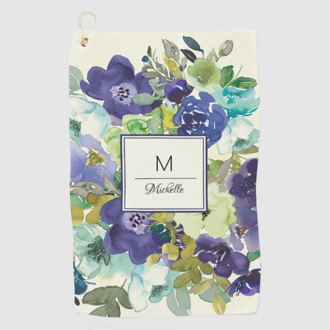 Serviette De Golf Monogramme floral bleu marine sarcelle jaune citro (Devant)