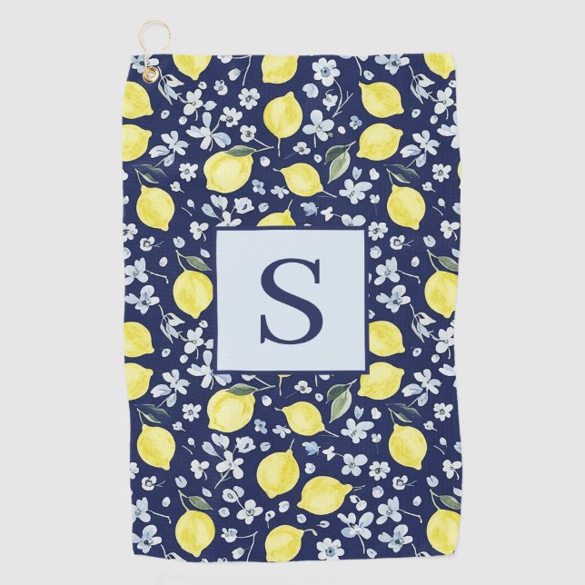 Serviette De Golf Monogramme floral citron bleu (Devant)