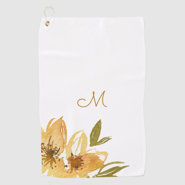 Serviette De Golf Monogramme floral moderne jaune et cuivre (Devant)