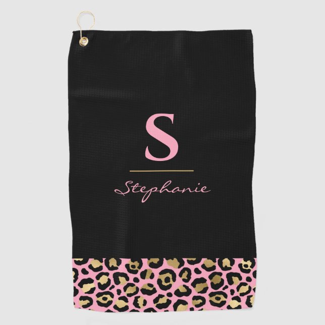 Serviette De Golf Monogramme Imprimé Léopard Rose & Or | Bloc de Cou (Devant)