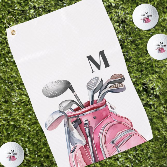 Serviette De Golf Monogramme Initial Aquarelle Rose (Pink Watercolor Initial Monogram Golf Towel)
