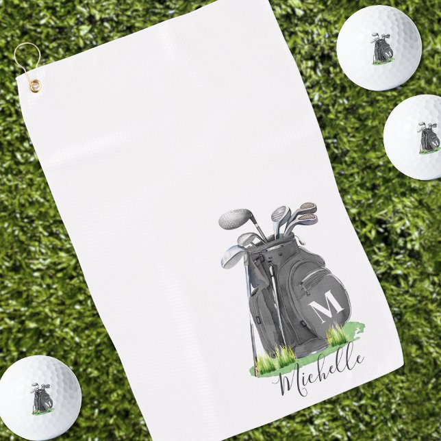 Serviette De Golf Monogramme Initial Nom Noir (Black Initial Name Monogram Golf Towel )
