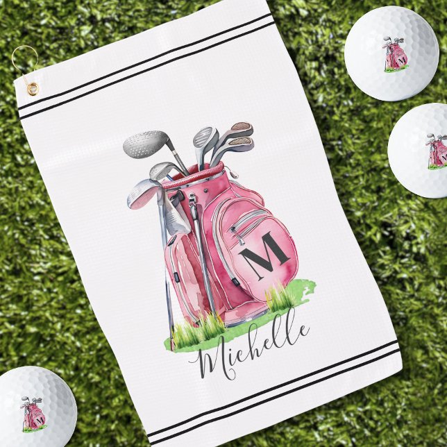 Serviette De Golf Monogramme Initial Nom Rose (Pink Watercolor Initial Name Monogram Golf Towel )
