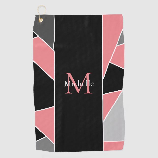 Serviette De Golf Monogramme moderne Corail noir Motif Abstrait (Devant)