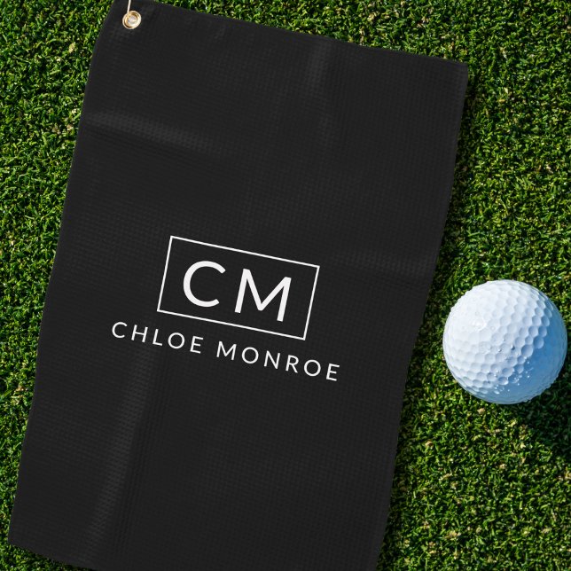 Serviette De Golf Monogramme moderne minimaliste noir personnalisé (Créateur téléchargé)