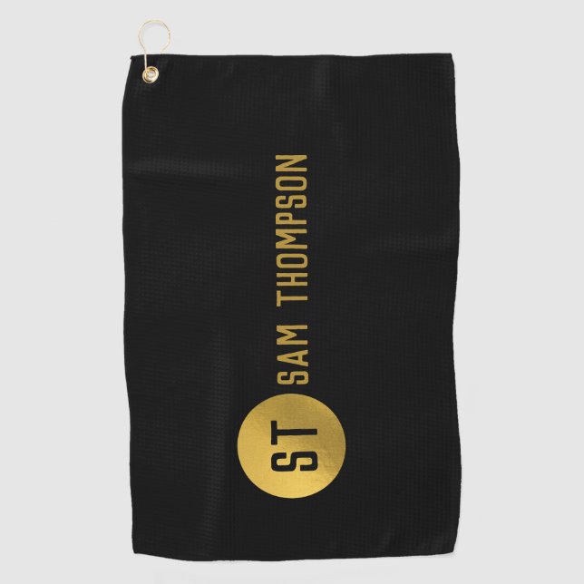 Serviette De Golf Monogramme moderne noir & or élégant personnalisé (Devant)