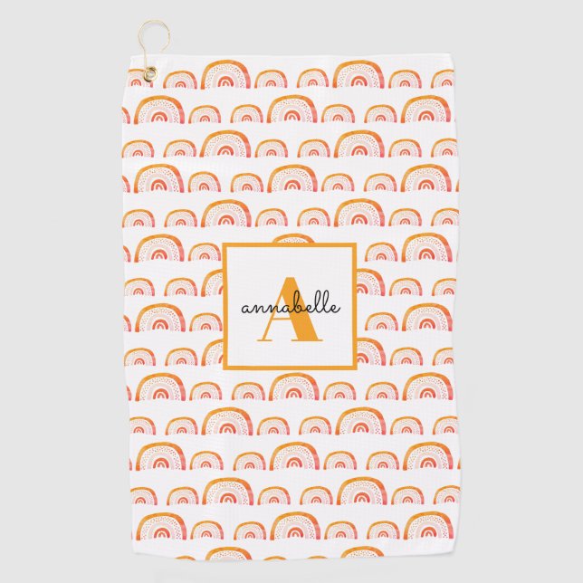 Serviette De Golf Monogramme Moderne Orange Aquarelle Rainbow (Devant)