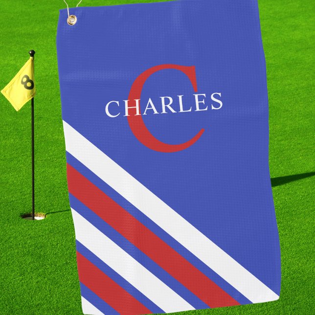 Serviette De Golf Monogramme moderne Rouge Blanc Bleu Golfing (Créateur téléchargé)