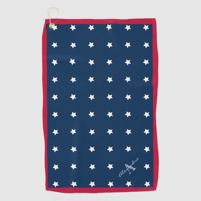 Serviette De Golf Monogramme Motif moderne Red White Navy Blue Stars (Devant)