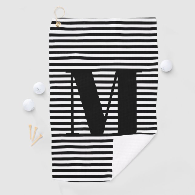 Serviette De Golf Monogramme noir blanc rayures personnalisé initial (En situation)