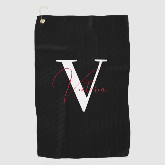 Serviette De Golf monogramme noir chic personnalisé (Devant)