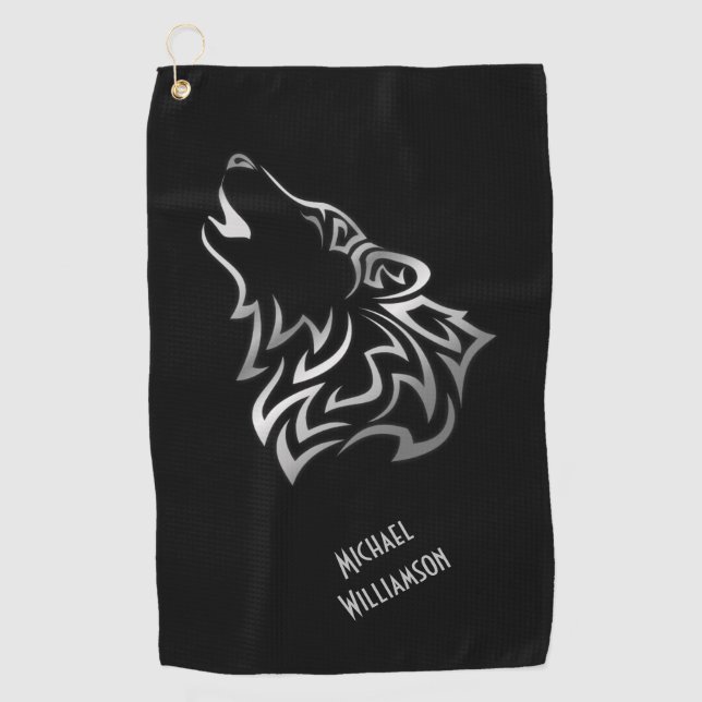 Serviette De Golf Monogramme noir et argent de la tribu des loups hu (Devant)