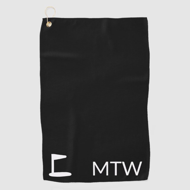 Serviette De Golf Monogramme noir et blanc simple avec drapeau de go (Devant)