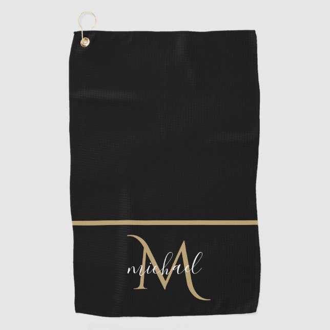 Serviette De Golf Monogramme noir et or Elégant luxe (Devant)
