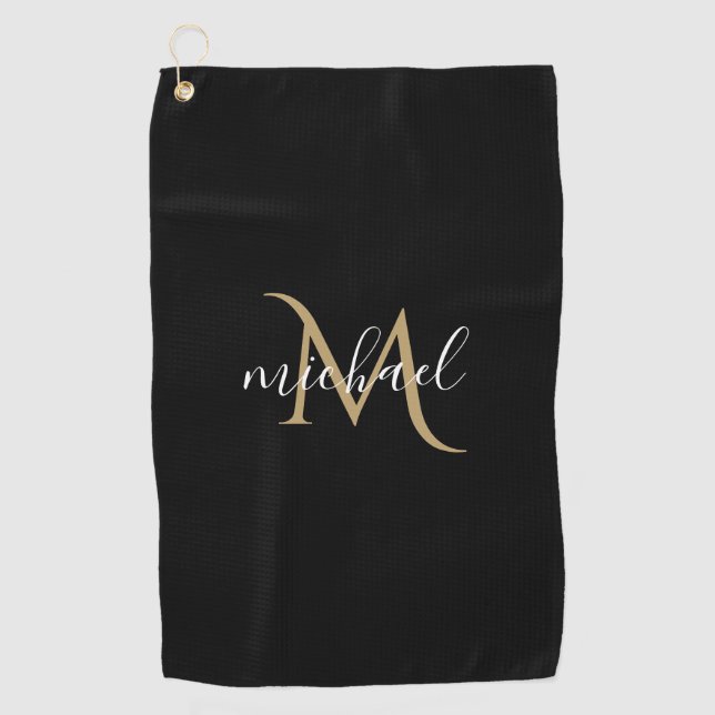 Serviette De Golf Monogramme noir et or Luxe Élégant   (Devant)