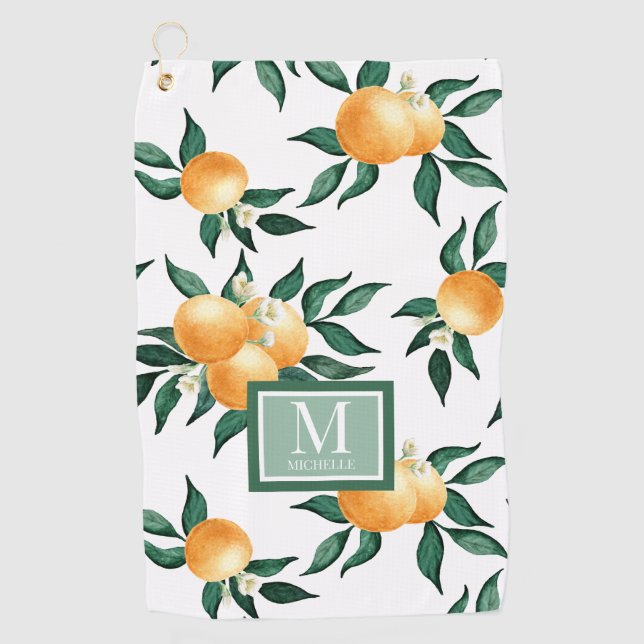 Serviette De Golf Monogramme Nom Aquarelle Citron Orange (Devant)
