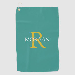 Serviette De Golf Monogramme & nom DIY, texte or et blanc, sarcelle