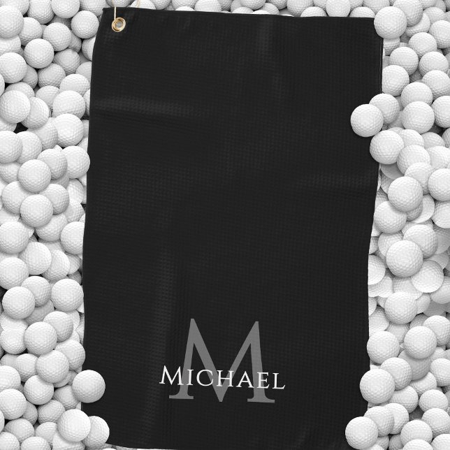 Serviette De Golf Monogramme Nom Initial Élégant Noir Personnalisé (Monogram Name Initial Elegant Black Custom Golf Towel)