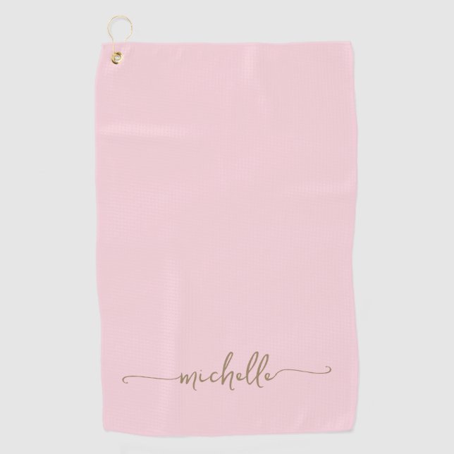 Serviette De Golf Monogramme Or élégant Nom Script Blush Pink (Devant)