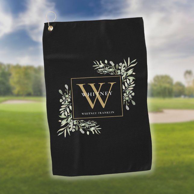 Serviette De Golf Monogramme Or Elégant Vert Moderne Noir (Créateur téléchargé)