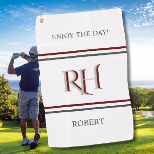 Serviette De Golf Monogramme personnalisé et nom blanc gris rouge