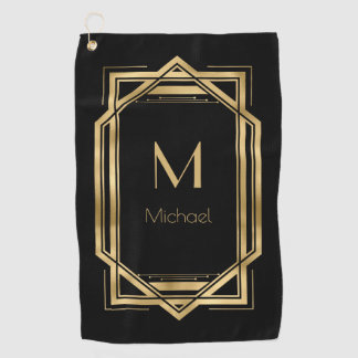 Serviette De Golf Monogramme Personnalisé Noir et Or | Géométrique