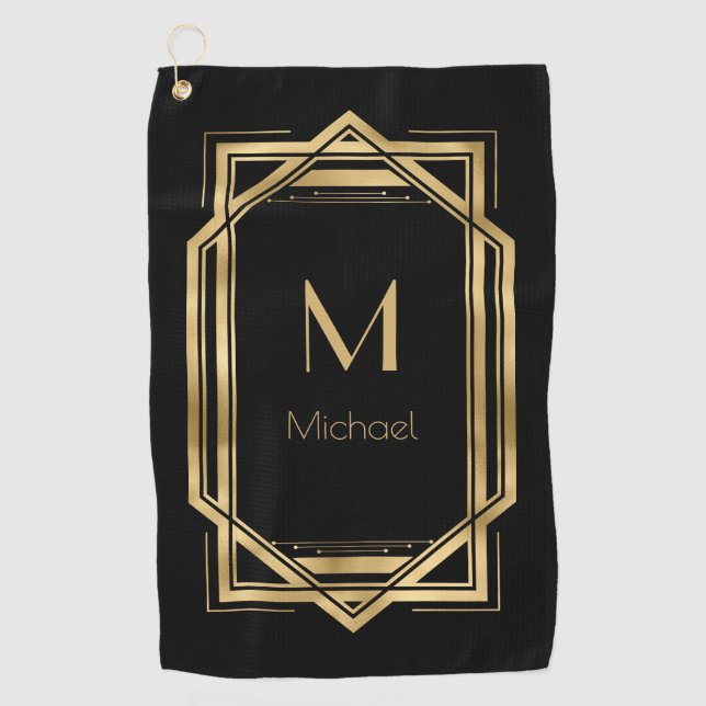 Serviette De Golf Monogramme personnalisé noir et or | Géométrique (Devant)