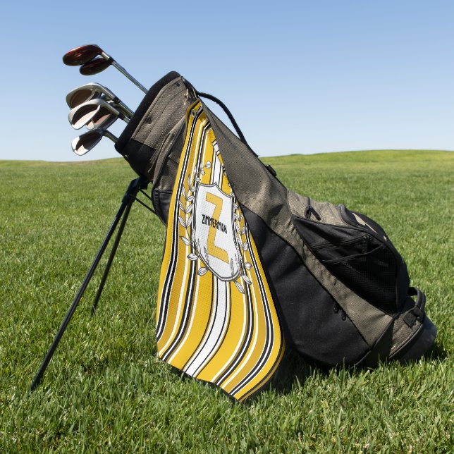 Serviette De Golf Monogramme Personnalisé Yellow Black Strips (Vert)