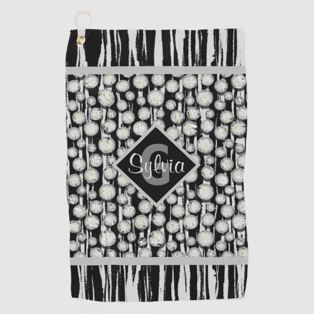 Serviette De Golf Monogramme Pois noir et gris rayé (Devant)