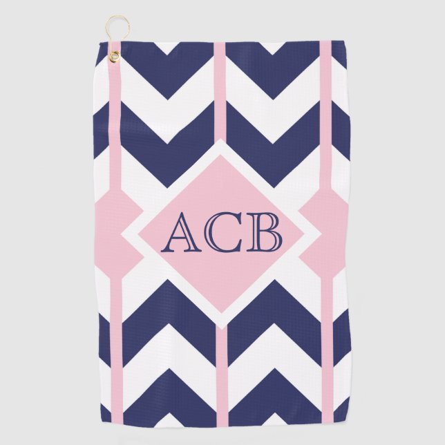Serviette De Golf Monogramme Preppy Navy et Pink Chevron Ladies (Devant)