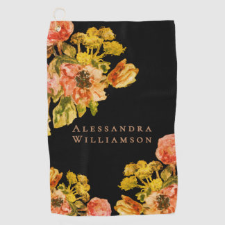 Serviette De Golf Monogramme Rétro Boho Floral Aquarelle Noir Pêche