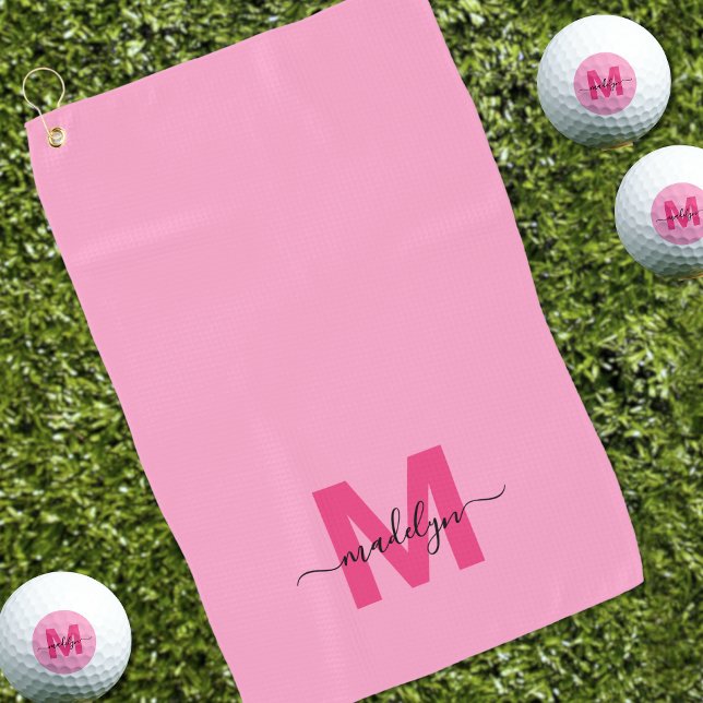 Serviette De Golf Monogramme Rose Chaud (Pink Initial Name Monogram Golf Towel)
