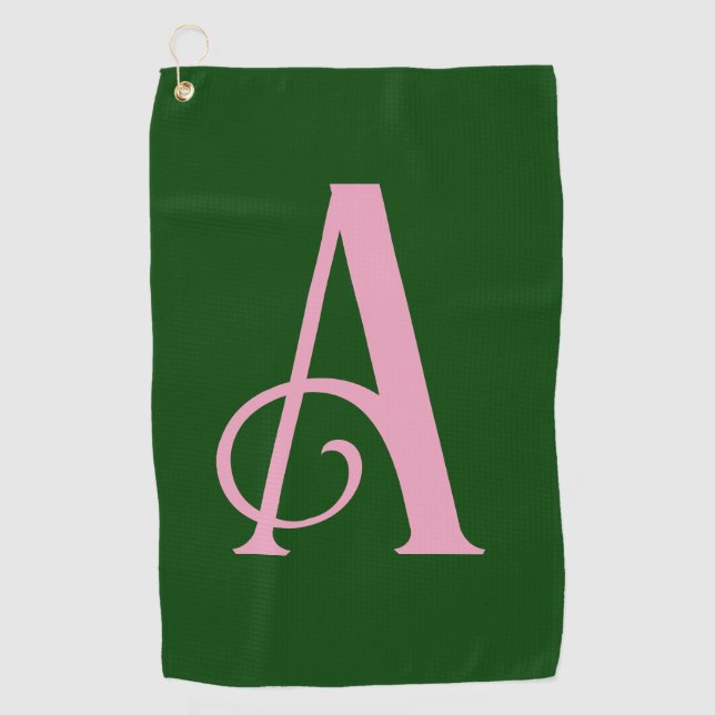 Serviette De Golf Monogramme rose personnalisé initial sur vert fonc (Devant)