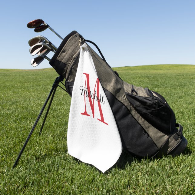 Serviette De Golf Monogramme rouge initial et nom personnalisé (Vert)