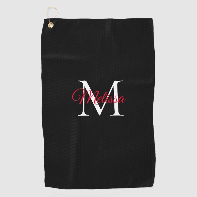 Serviette De Golf Monogramme simple moderne noir rouge (Devant)