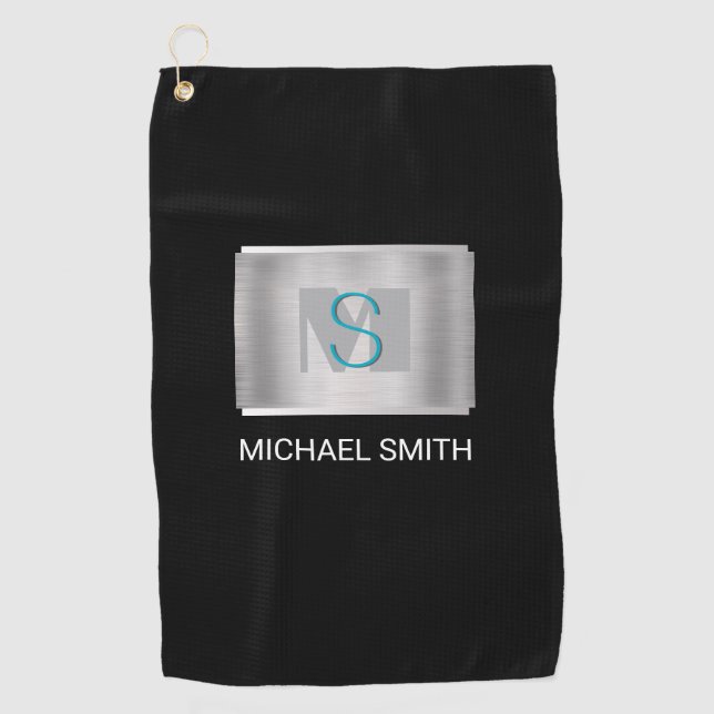 Serviette De Golf Monogramme turquoise et gris, Nom blanc Argent, No (Devant)