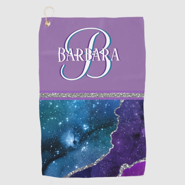 Serviette De Golf Monogramme Turquoise pourpre en argent  (Devant)