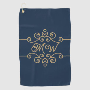 Serviette De Golf Monogramme vintage or et bleu marine Élégant